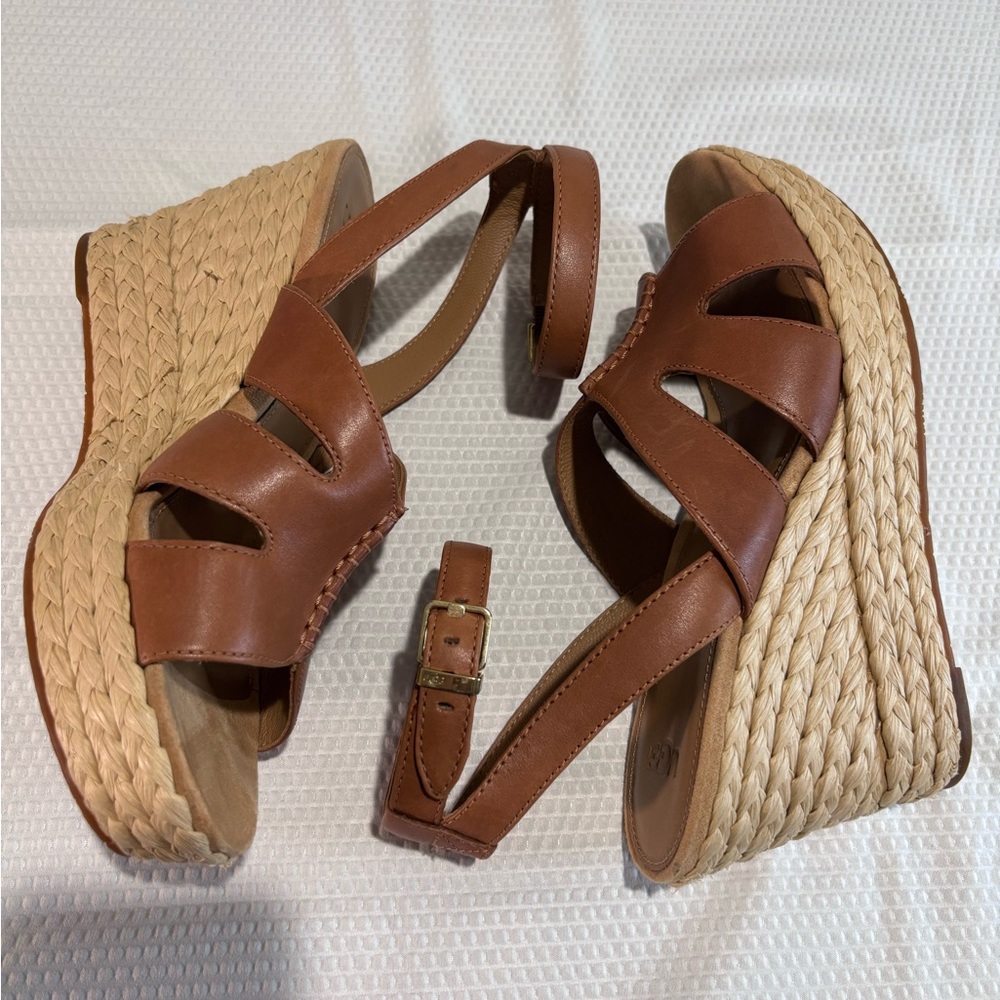 UGG Tan Leather Espadrille Wedge Sandals